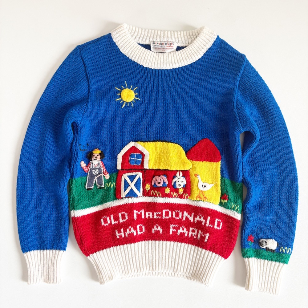 Harlequin Designs Kids Vintage 80s Old MacDonald Farm 3D Knit Sweater Size 5